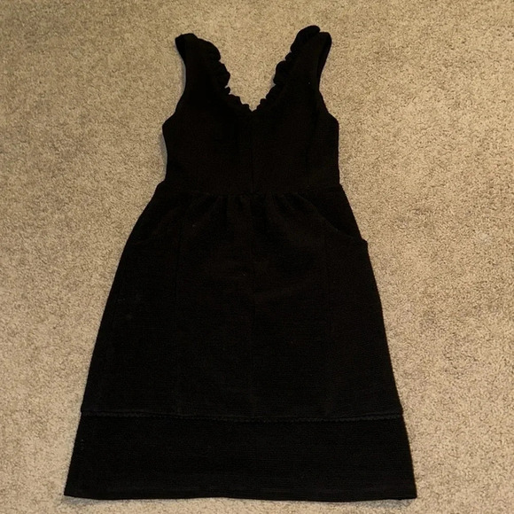 Maeve Anthropologie Solid Black Ruffled Sleeveless Ottoman Dress Size Small - Picture 3 of 4